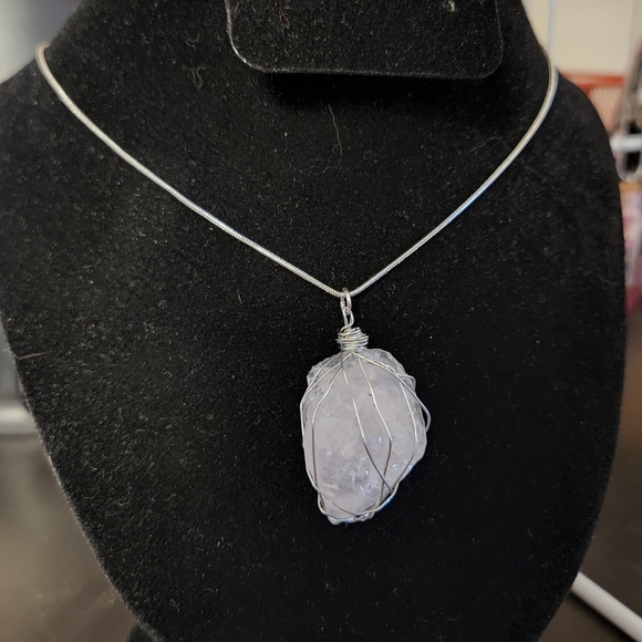 Wire Wrapped Raw Rose Quartz Crystal Silver Necklace - Picture 1 of 4